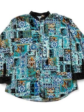 Vintage 90s Western Vibrant Geometric Print Button-Up Shirt in Teal & Blue XL